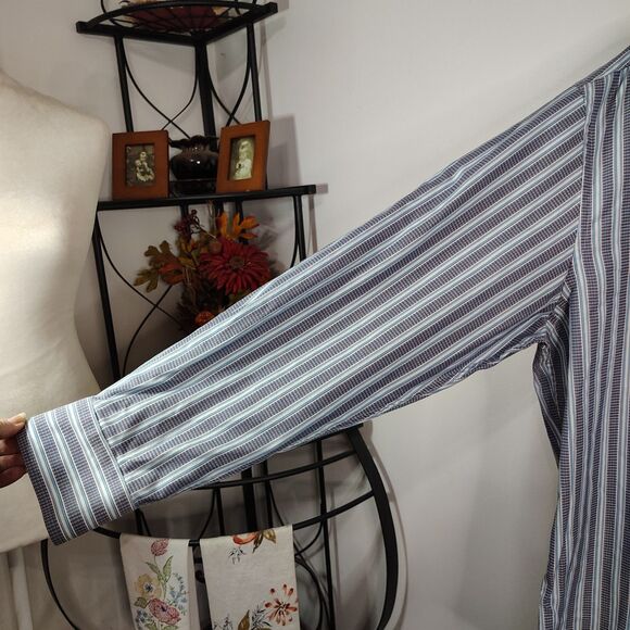 KENNETH ROBERTS Cotton Button-Down XL Men's Blue Striped Long Sleeve Dress Shirt - Picture 4 of 4